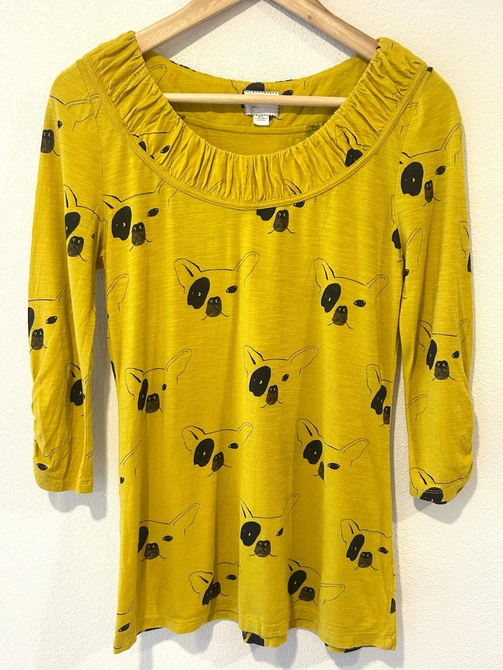 Anthropologie Postmark Mustard Yellow French Bulldog Print Women's Blouse Size S